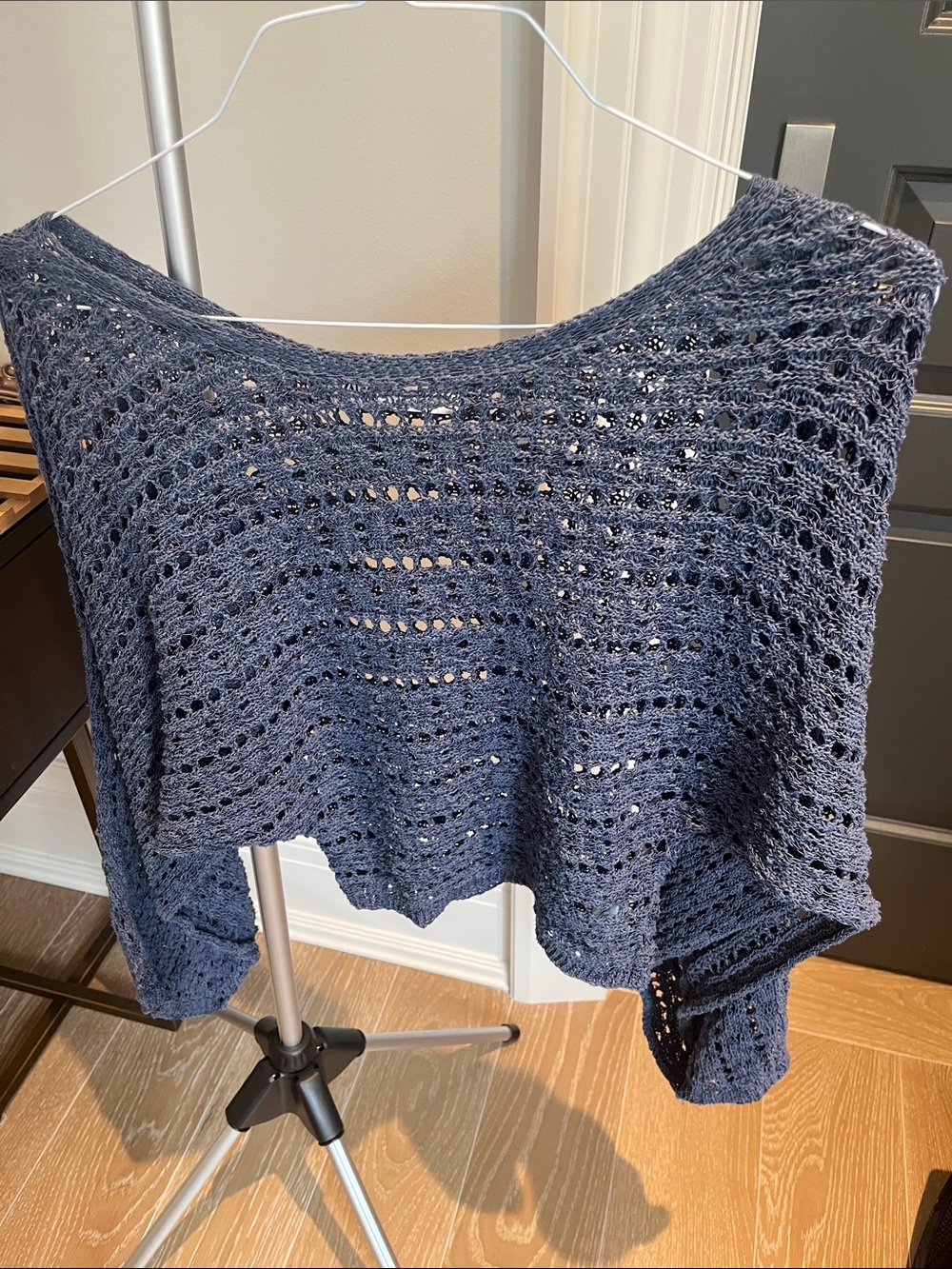 Zara Navy Open-Weave Off-the-Shoulder Sweater
